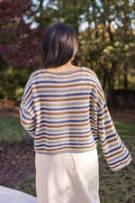 blue brown striped crochet knit sweater