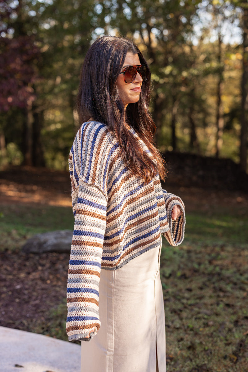 blue brown striped crochet knit sweater