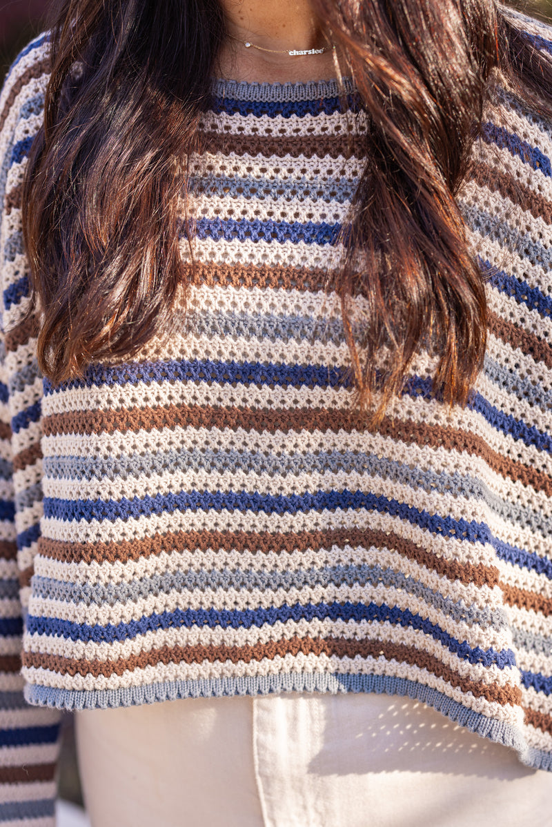 blue brown striped crochet knit sweater