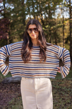 blue brown striped crochet knit sweater