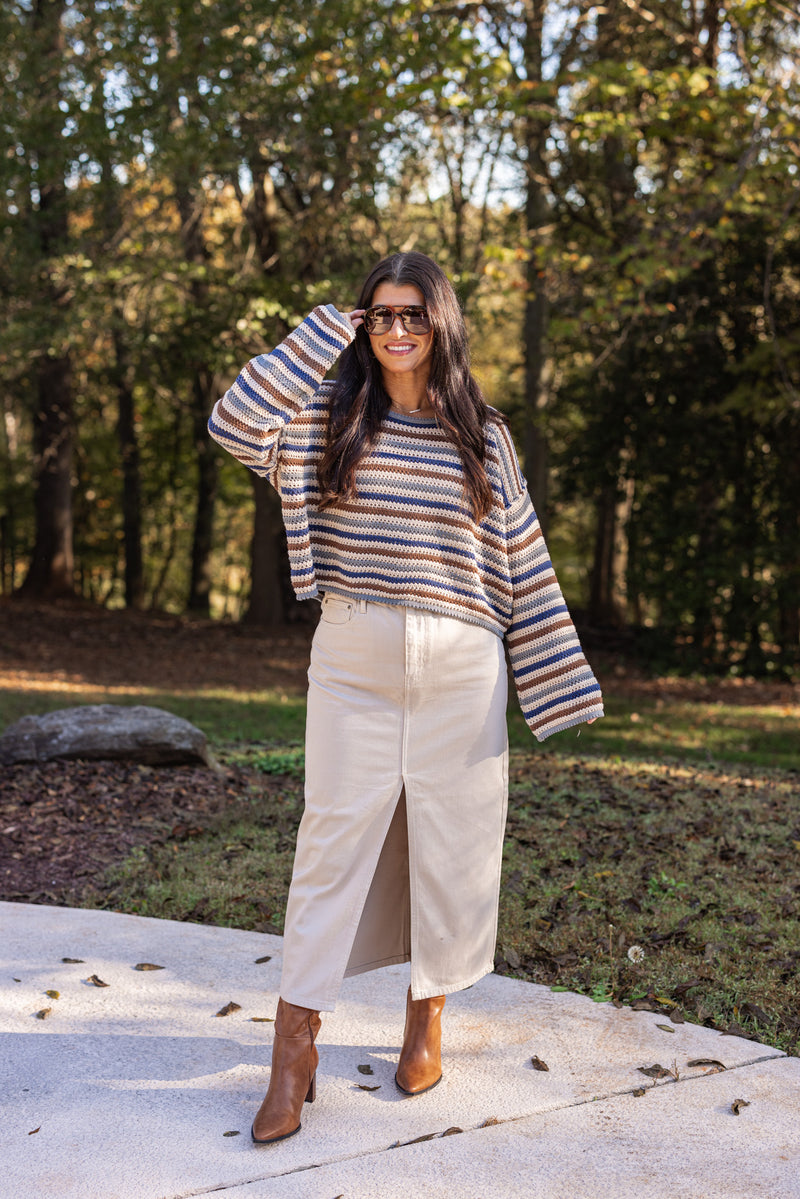 blue brown striped crochet knit sweater