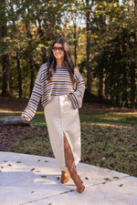 blue brown striped crochet knit sweater