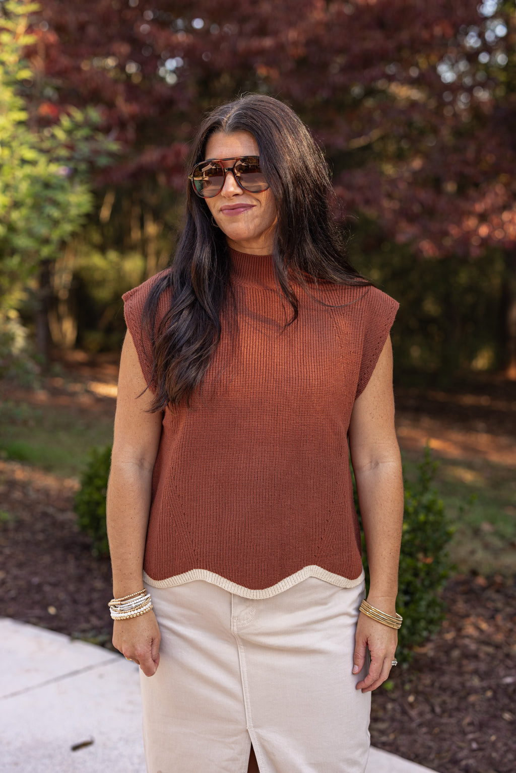 rust brown scalloped hem sweater