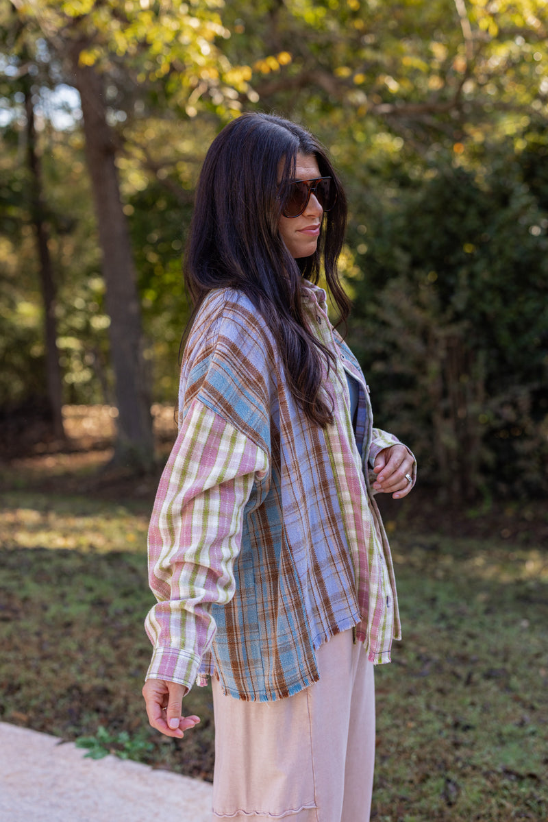 pink blue green plaid flannel top