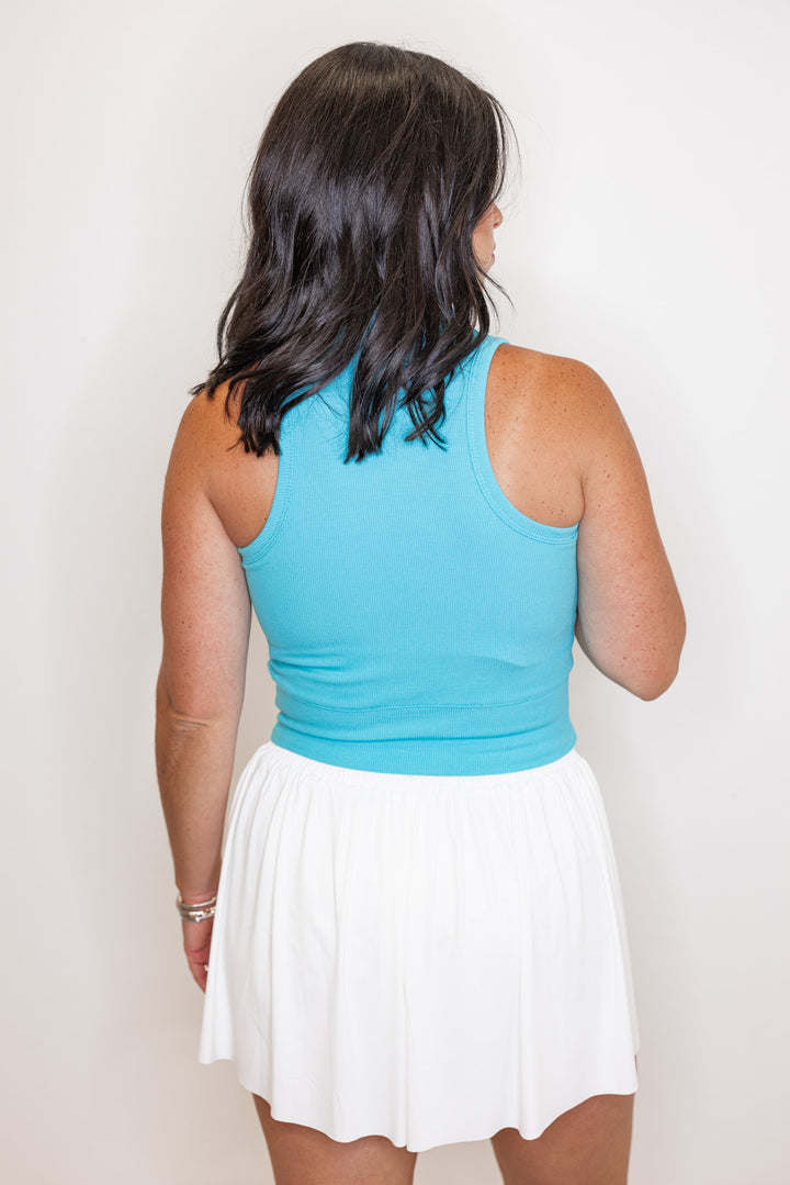 blue ribbed collared active tank back