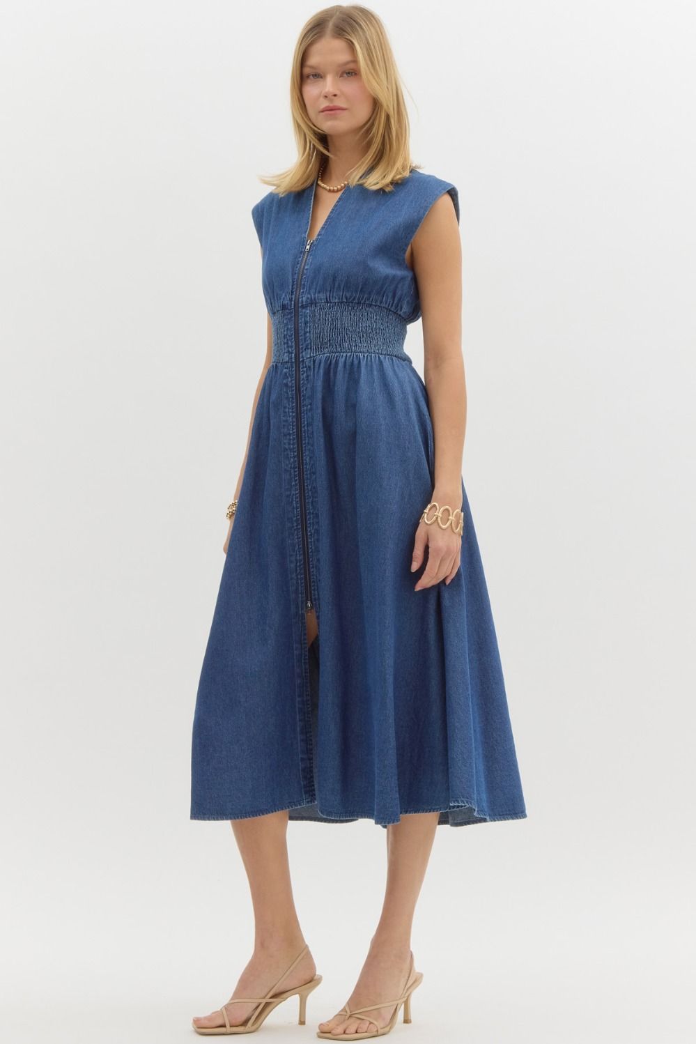 Entro plus Dark blue washed midi dress with zipper front and a smocked waist