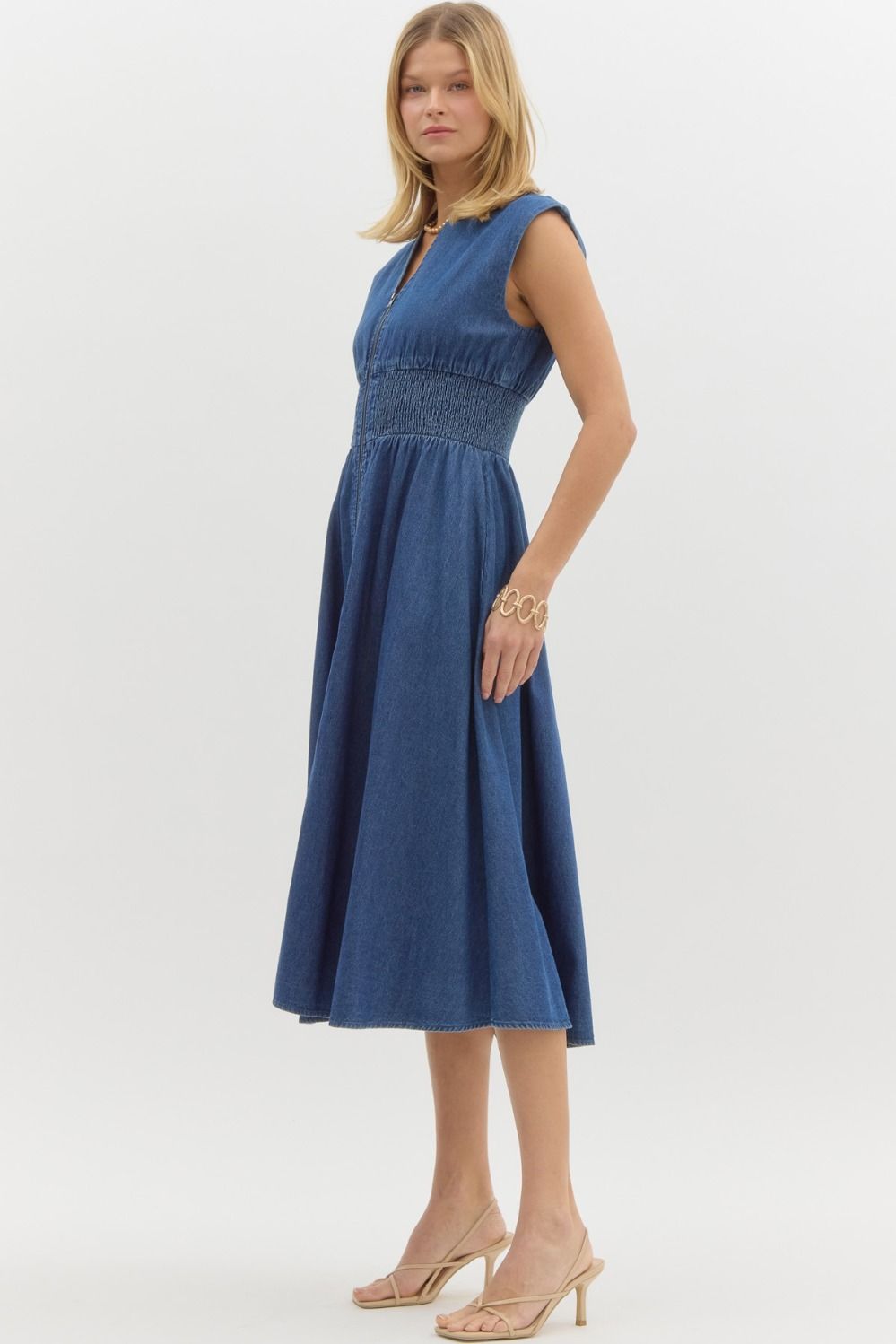 Entro plus Dark blue washed midi dress with zipper front and a smocked waist