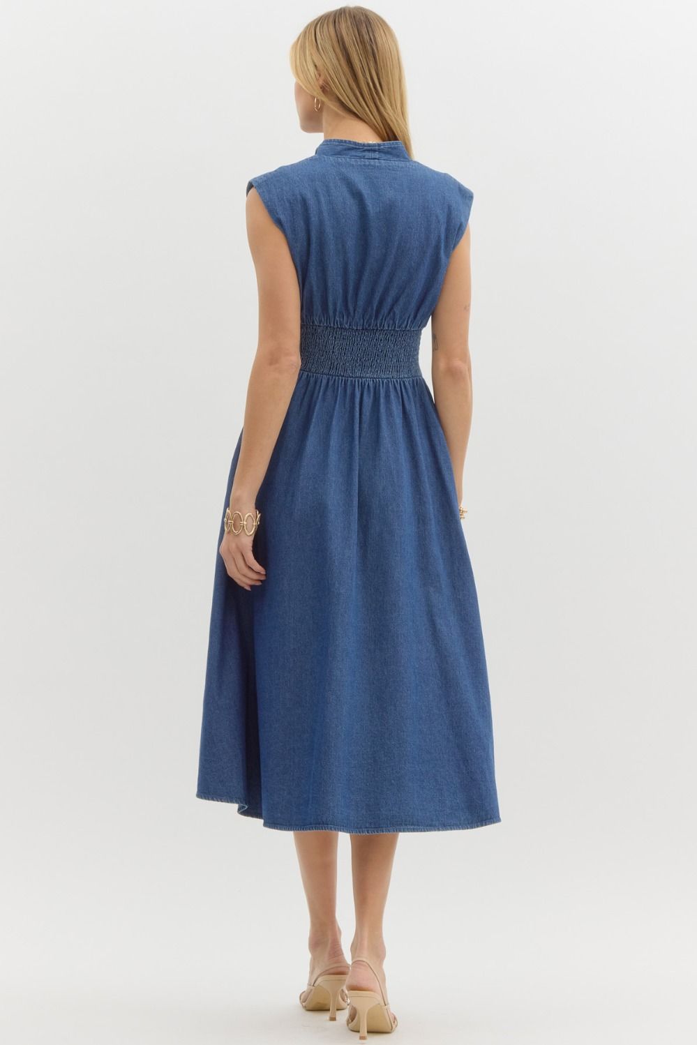 Entro plus Dark blue washed midi dress with zipper front and a smocked waist