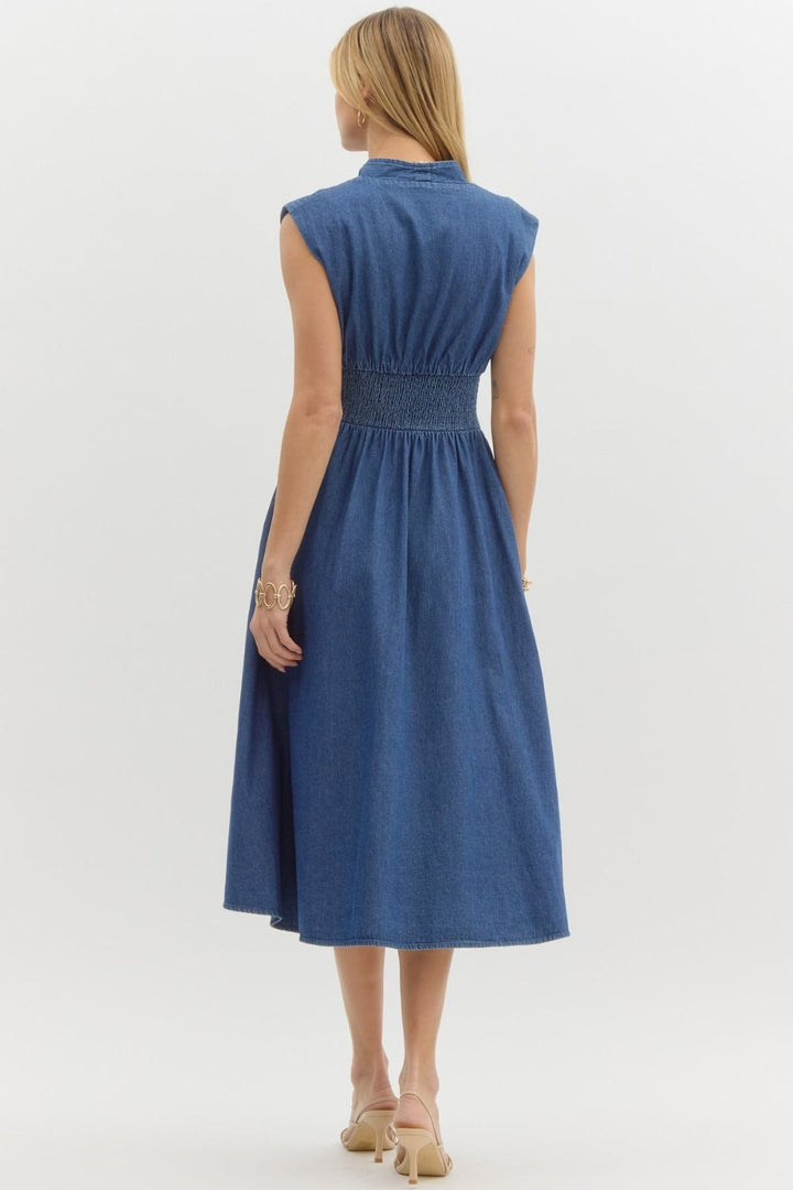Entro plus Dark blue washed midi dress with zipper front and a smocked waist