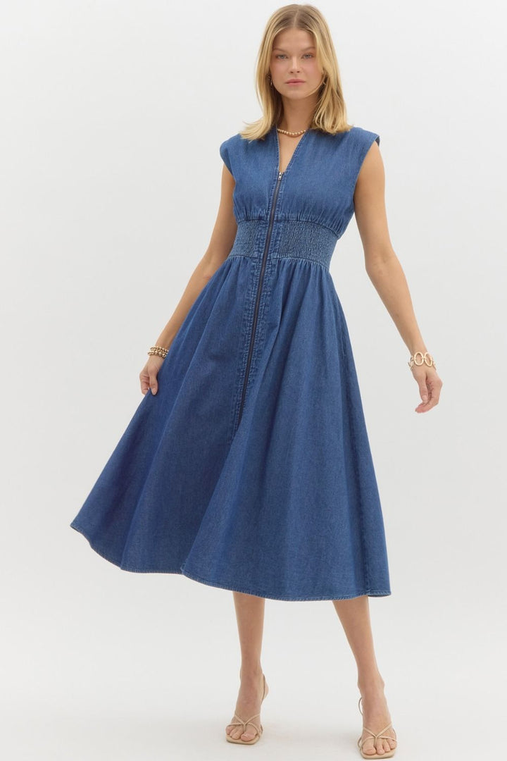 Entro plus Dark blue washed midi dress with zipper front and a smocked waist
