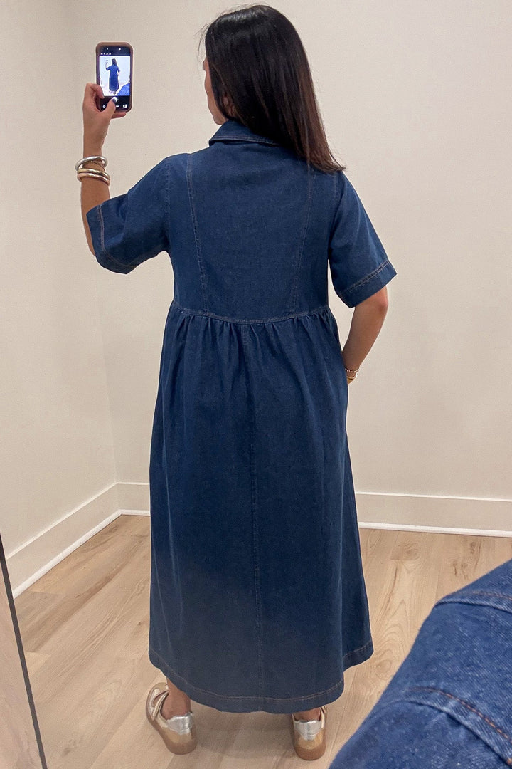 solid dark blue wash denim v neckline bow tie bodice short sleeve empire waist midi dress