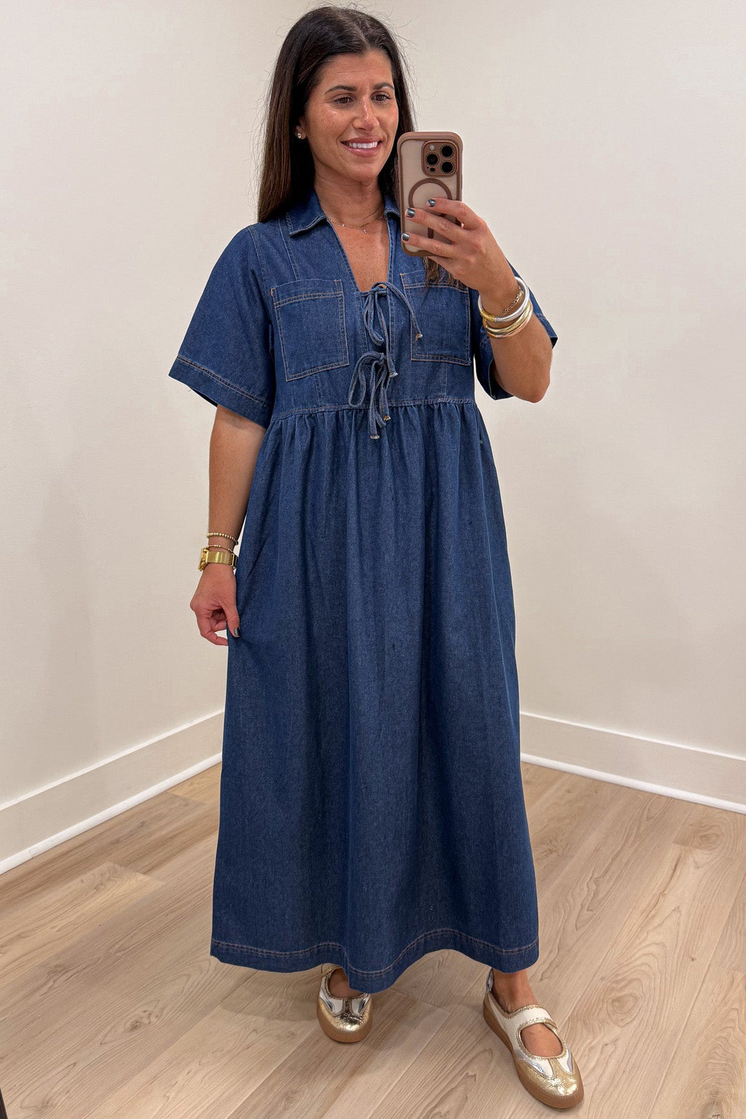 solid dark blue wash denim v neckline bow tie bodice short sleeve midi dress