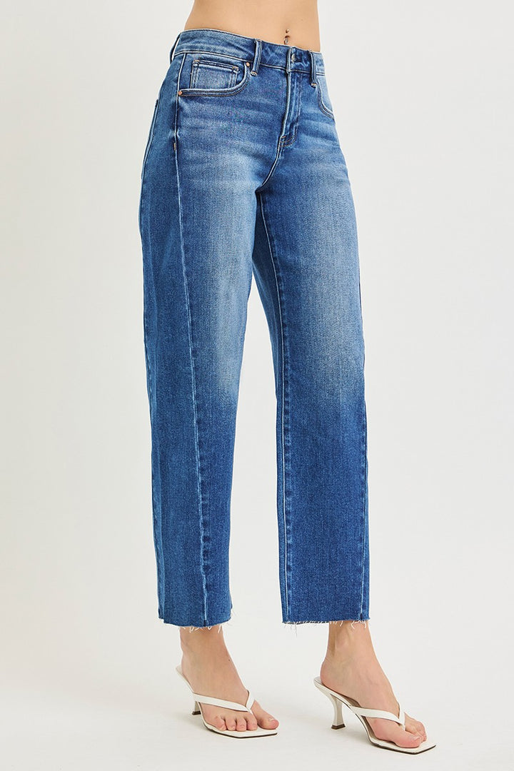 Risen Jeans dark wash blue denim slouchy barrel jeans with curved side seam