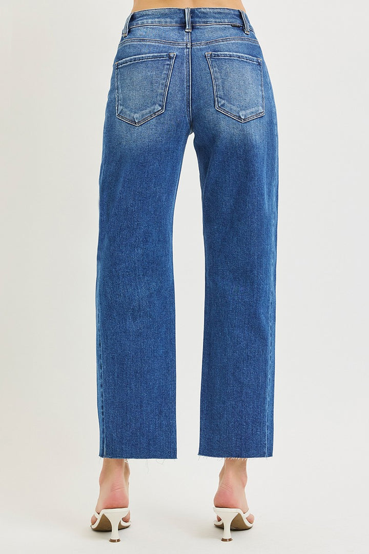 Risen Jeans dark wash blue denim slouchy barrel jeans with 5 pocket design