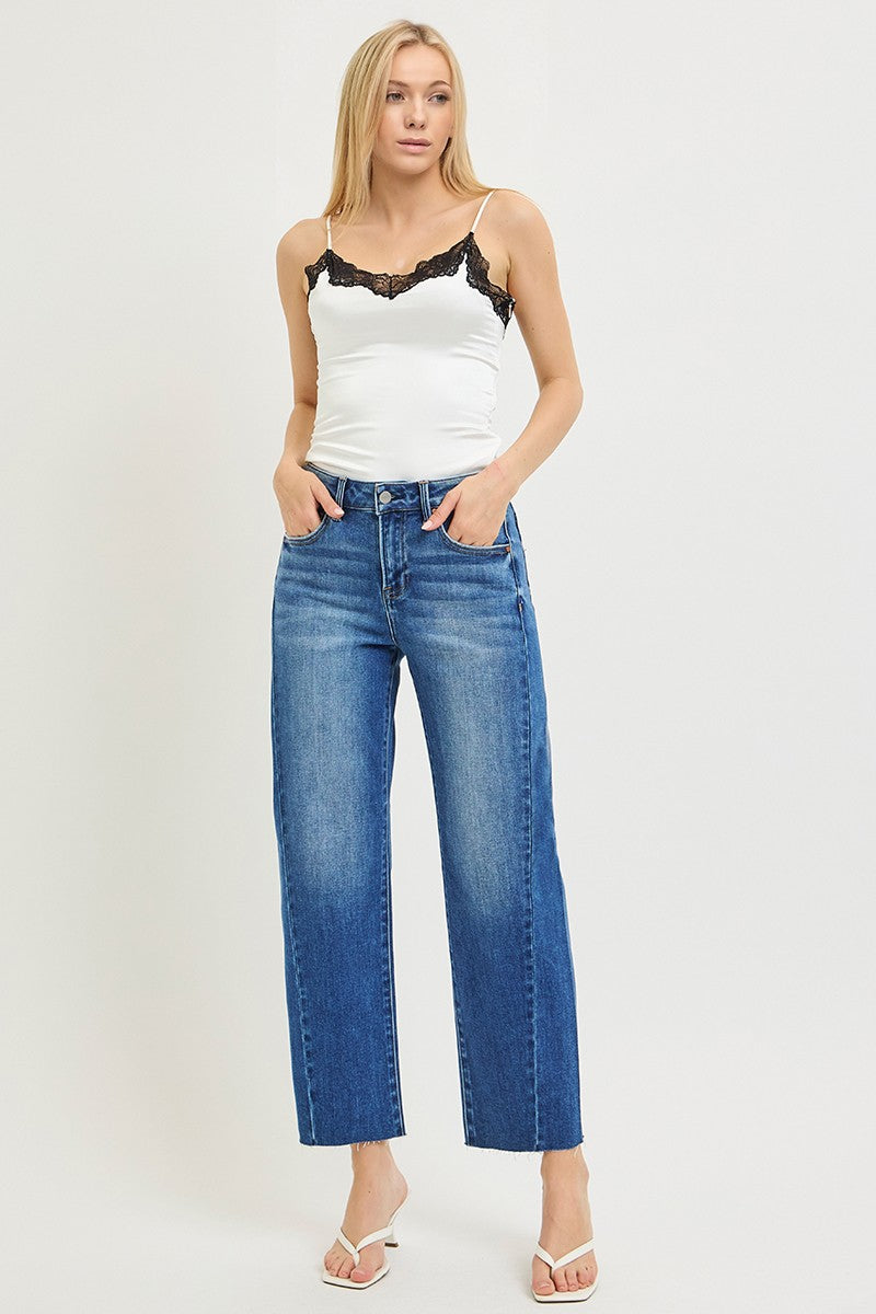 Risen Jeans dark wash blue denim slouchy barrel jeans in a flattering fit