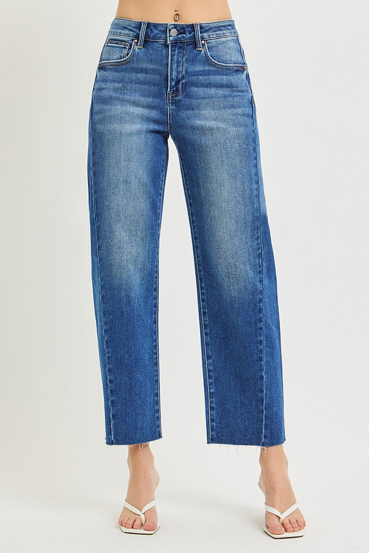 Risen Jeans dark wash blue denim slouchy barrel jeans