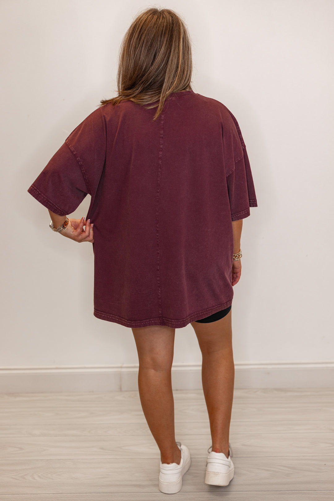 Women's mineral washed eggplant purple oversized tee by Easel showing full back view
