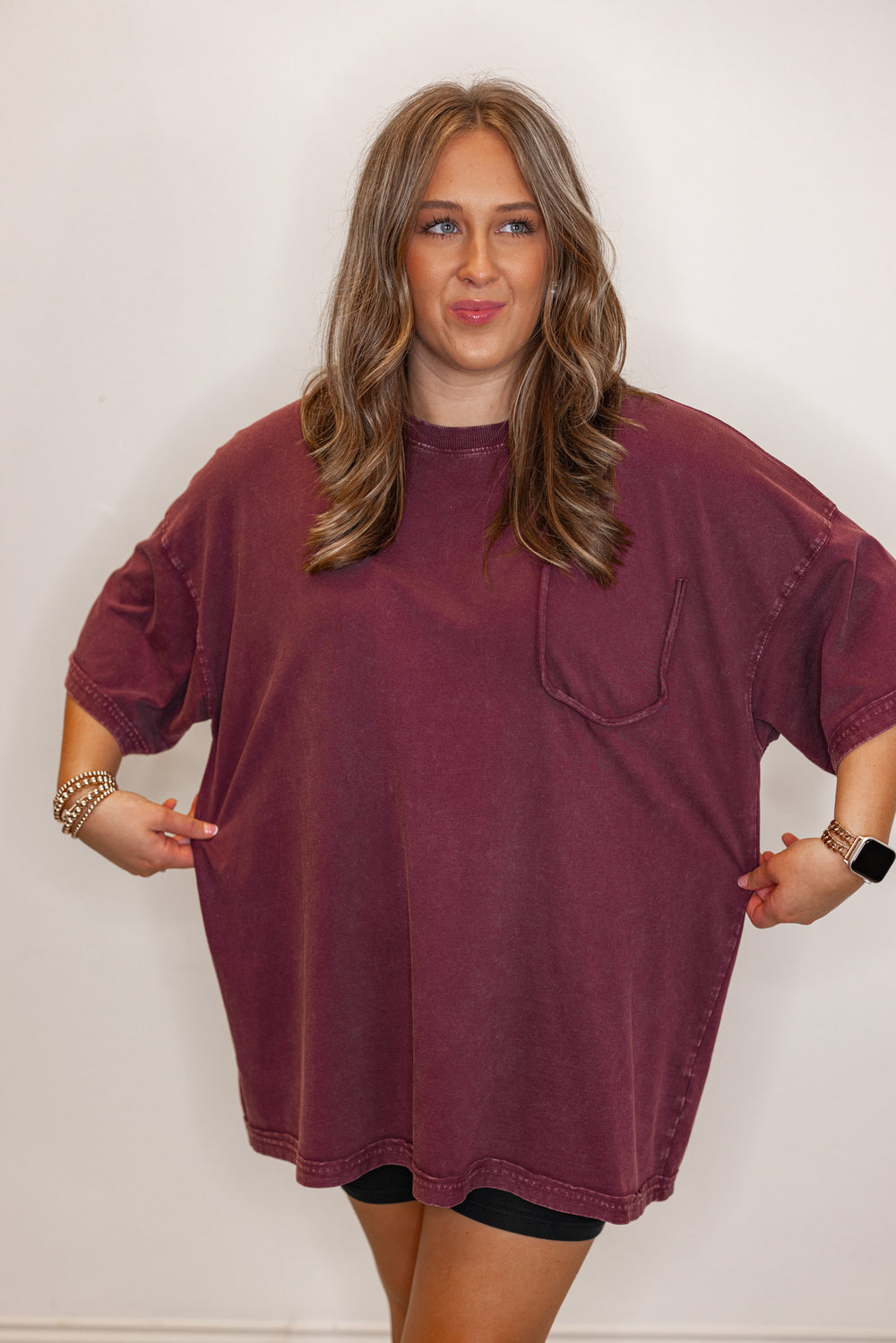 Women's mineral washed eggplant purple oversized tee by Easel showing oversized fit