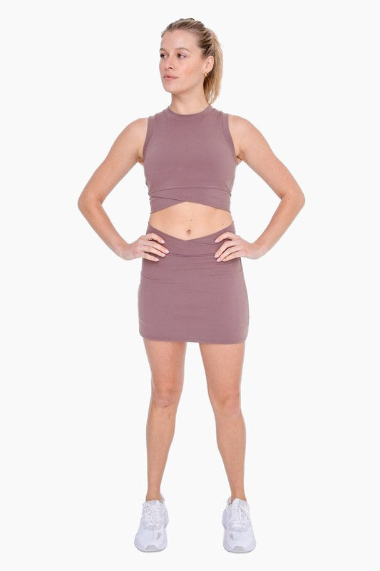 Mono B Venice sleeveless cropped crossover active top in deep taupe