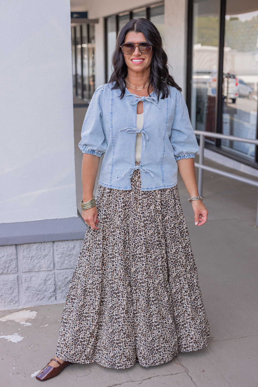 Women's taupe, black and brown leopard print tiered maxi skirt by Jodifl