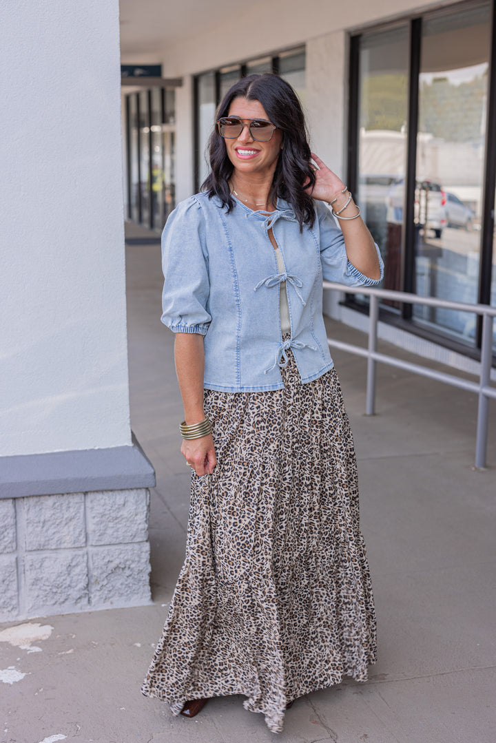 Women's taupe, black and brown leopard print tiered maxi skirt by Jodifl, perfect for the office