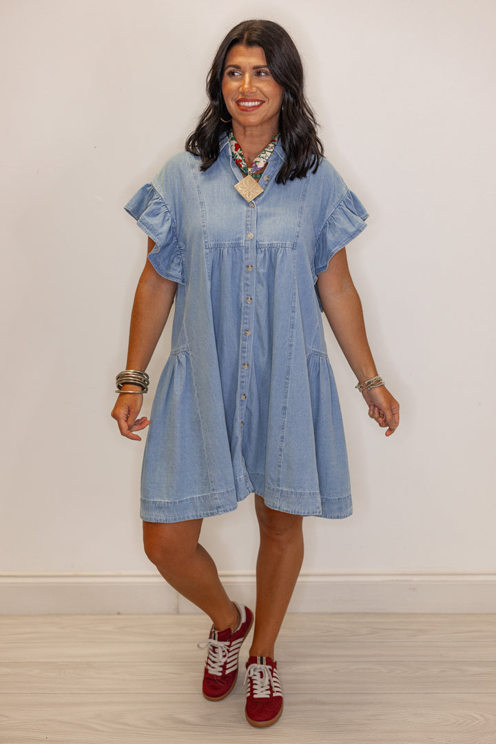 Women's light blue denim button down swing dress by Entro showing full front view 