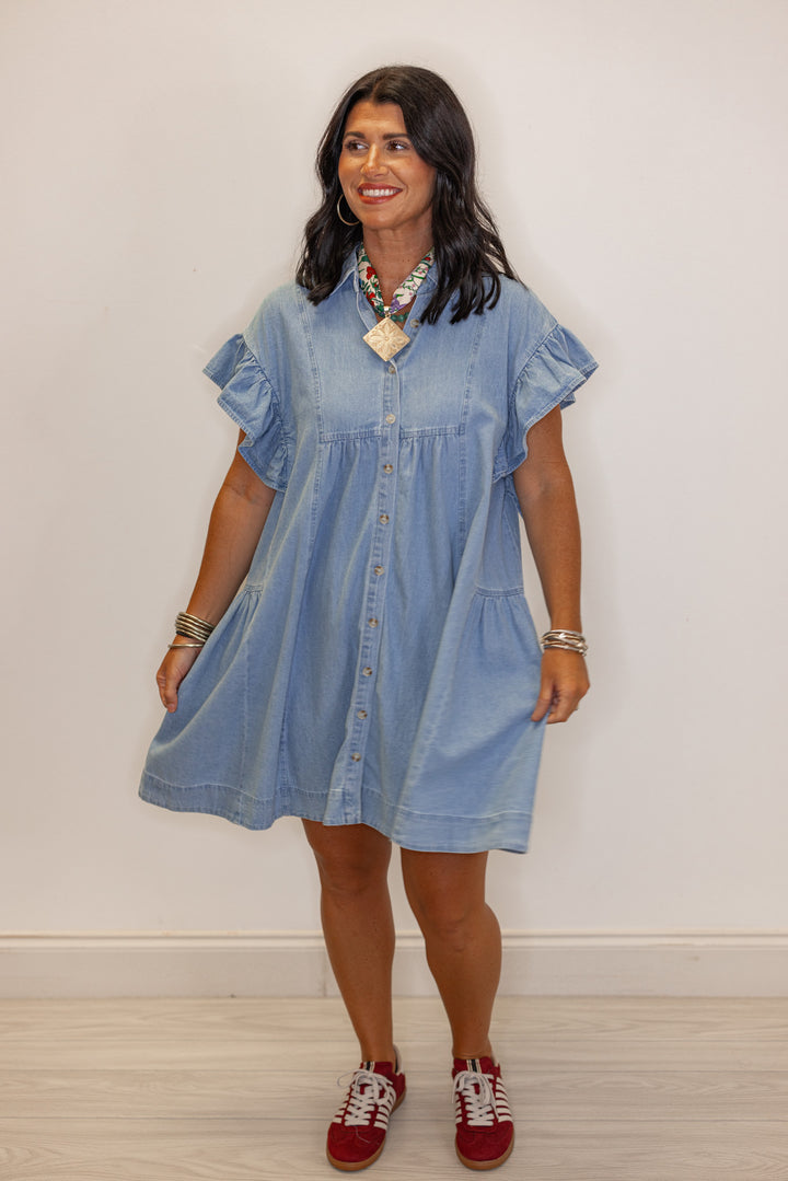 Women's light blue denim button down swing dress by Entro