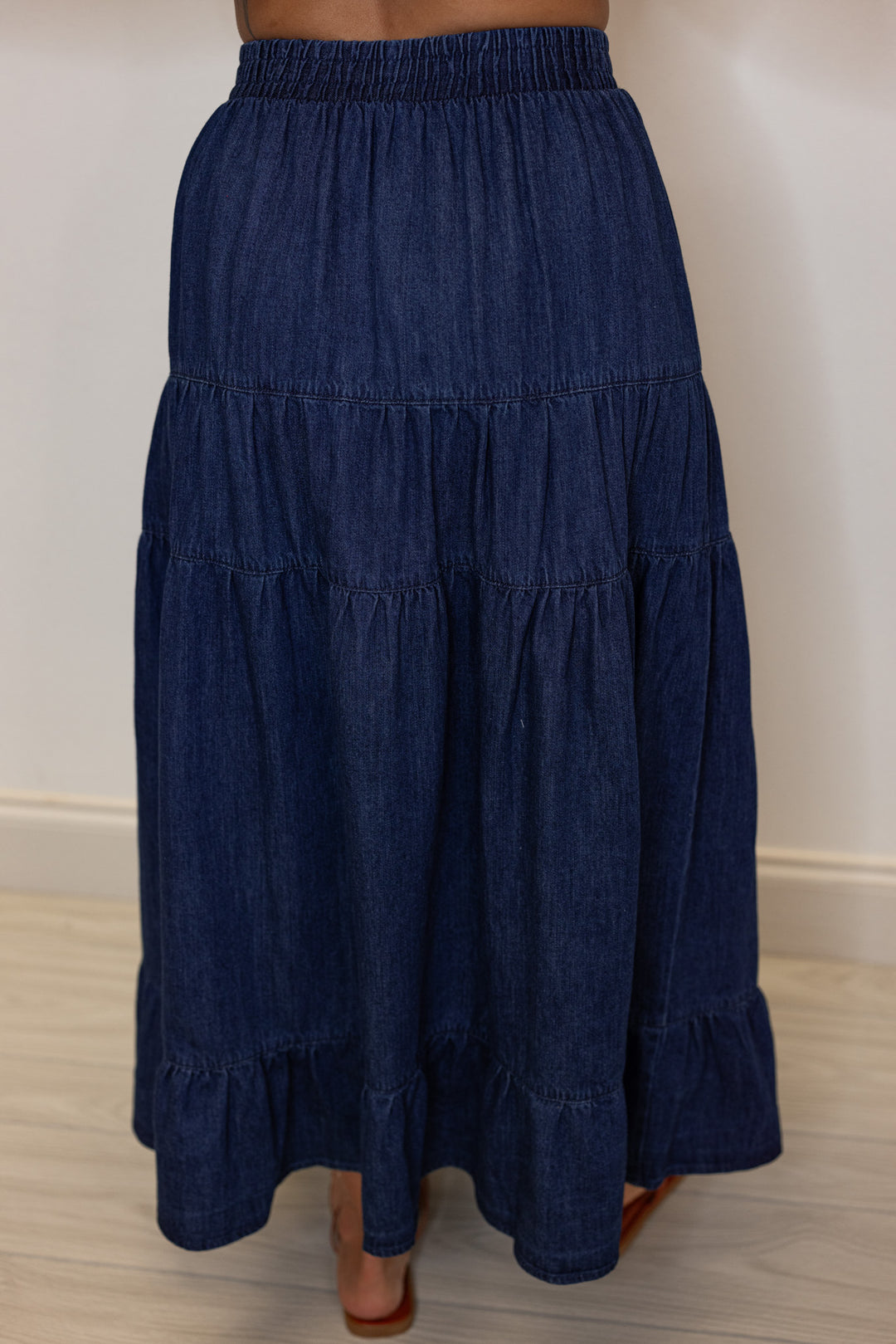 cotton dark denim tiered maxi skirt