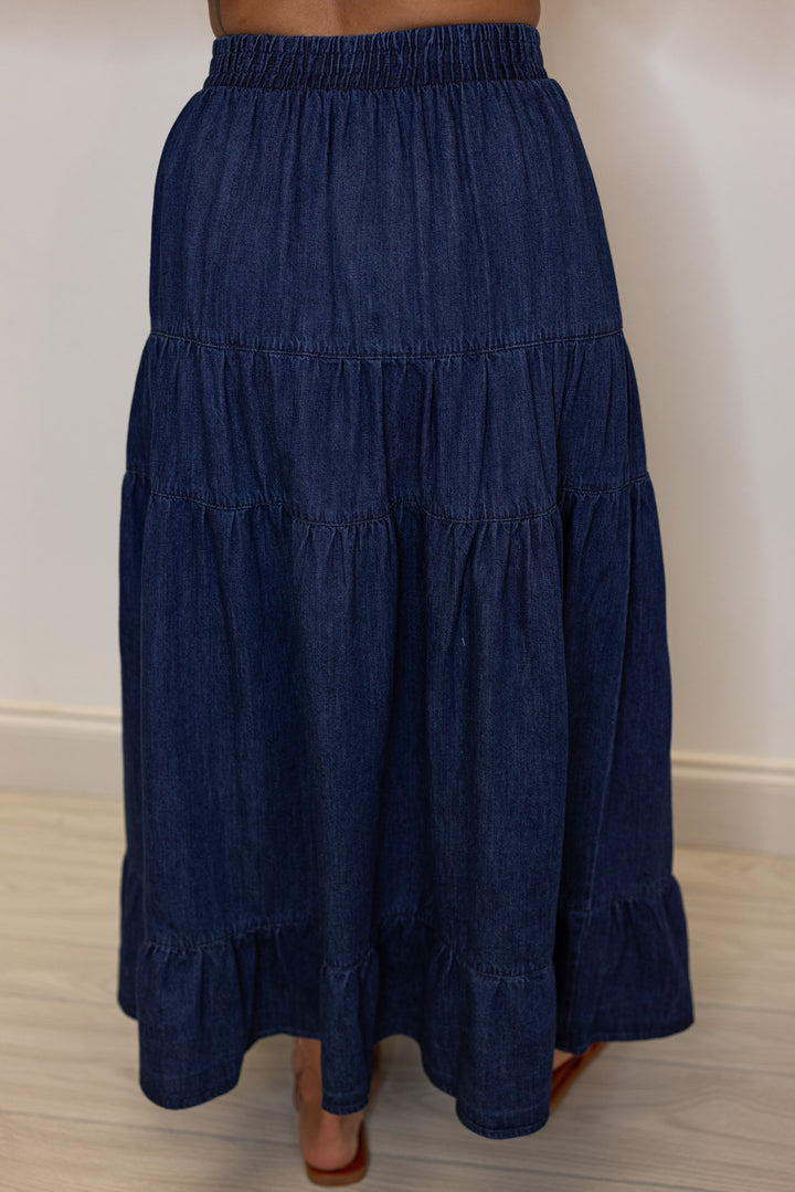 cotton dark denim tiered maxi skirt