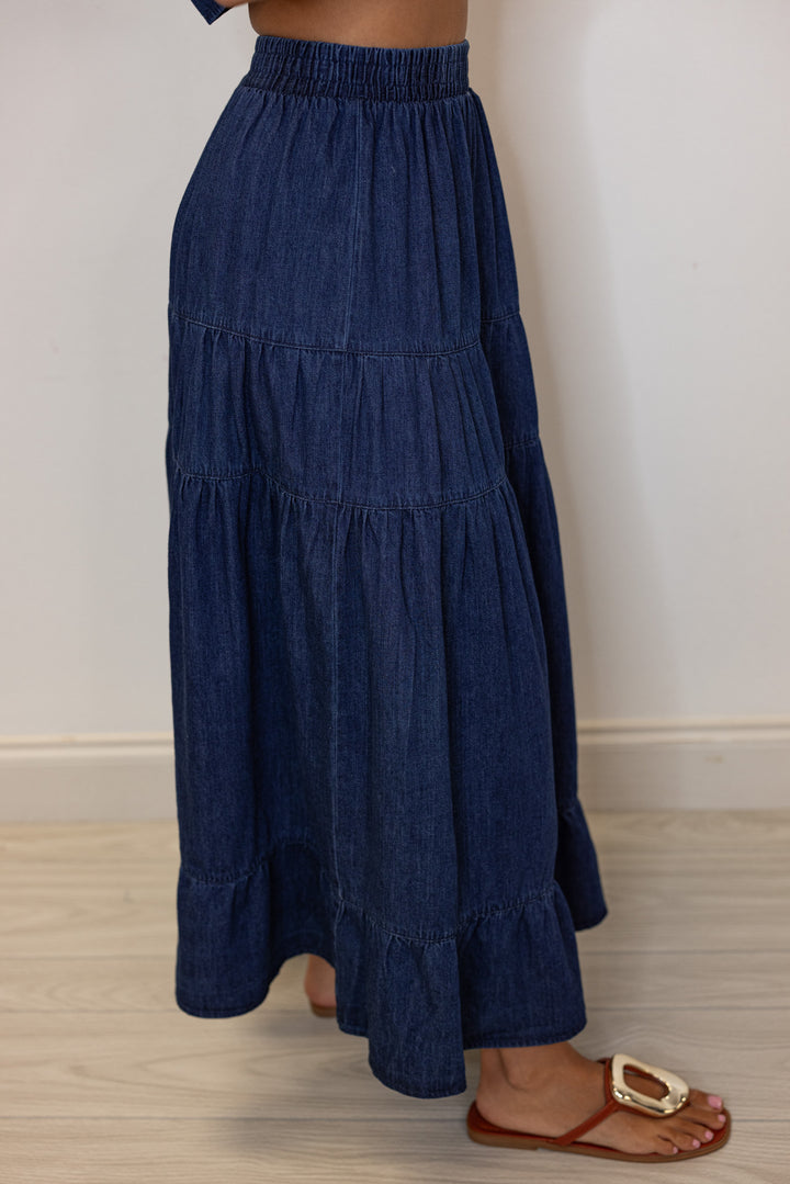 cotton dark denim tiered maxi skirt