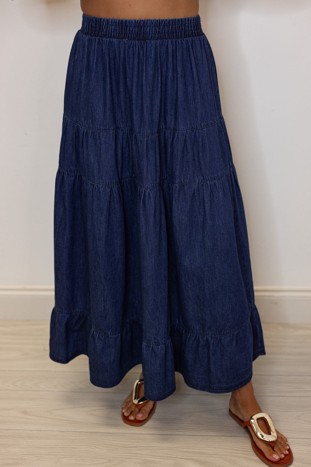 cotton dark denim tiered maxi skirt