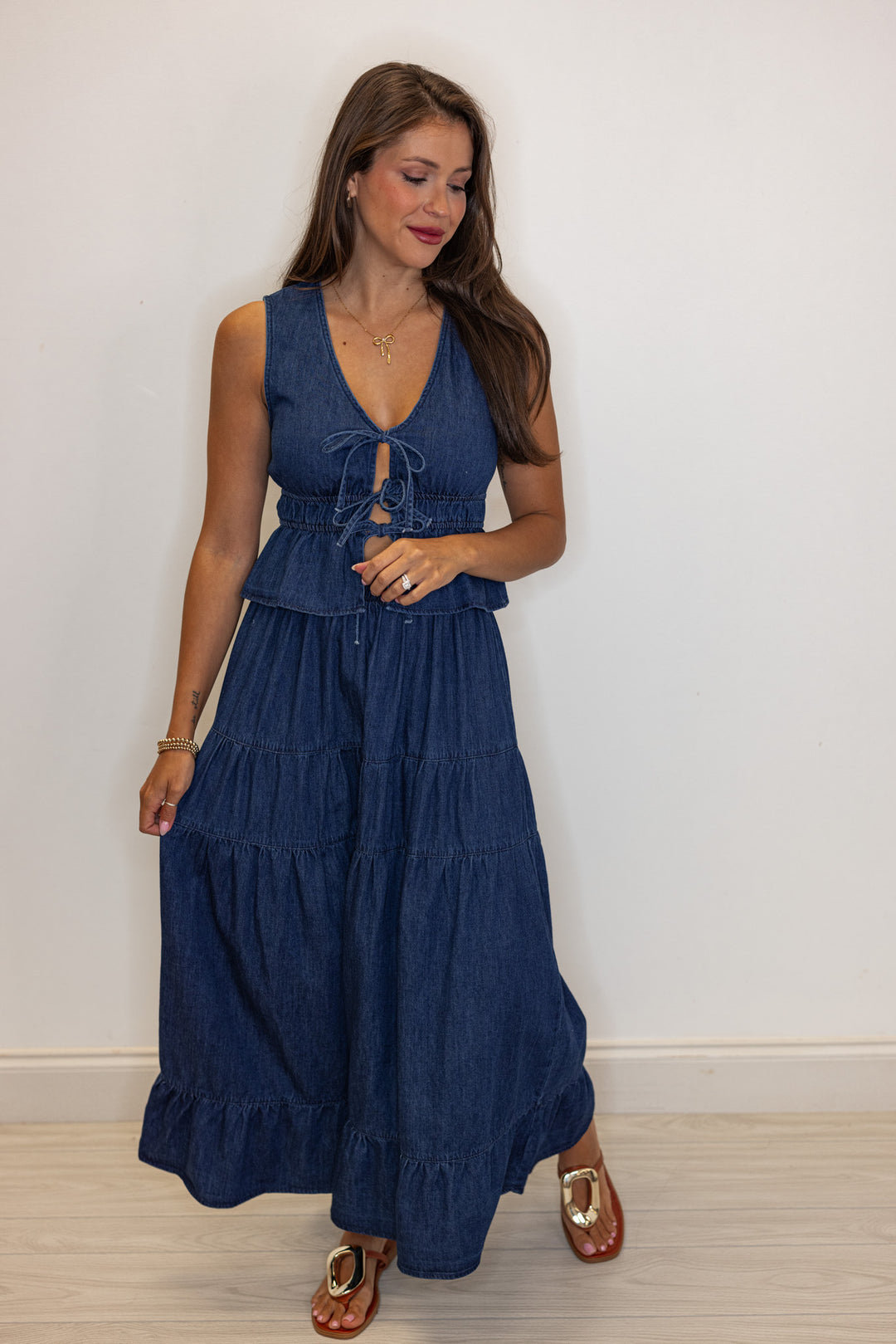 cotton dark denim tiered maxi skirt