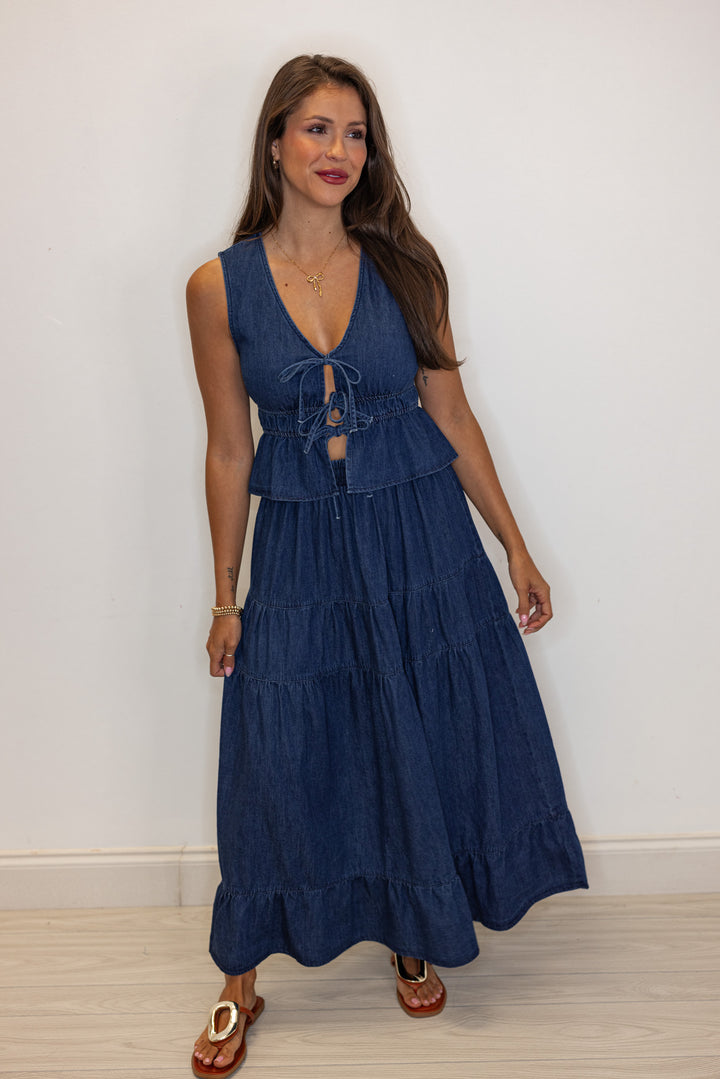 cotton dark denim tiered maxi skirt