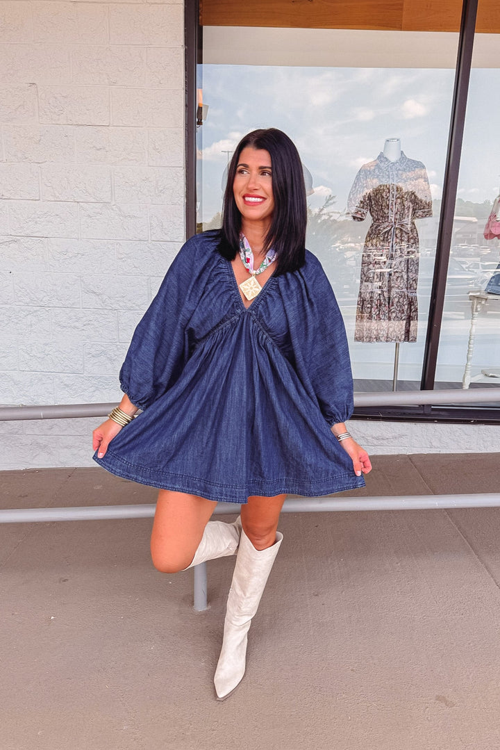 dark denim babydoll mini dress