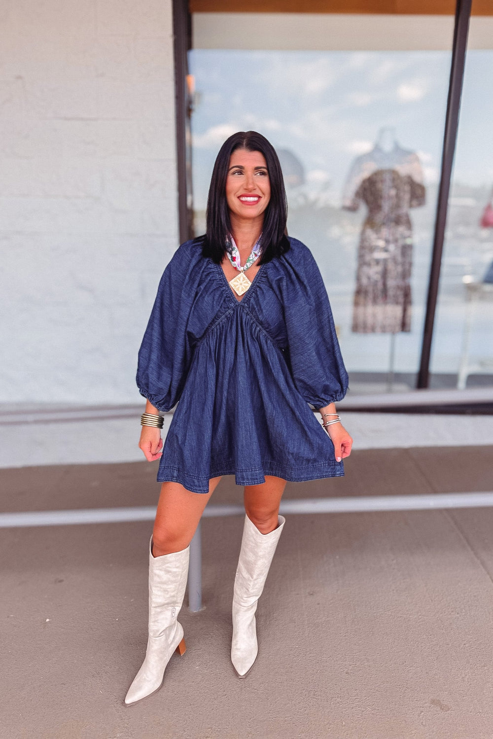 dark blue denim babydoll mini dress with knee high boots