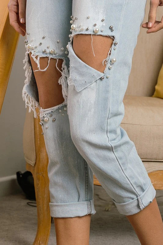 pearl embellished distressed denim jeans