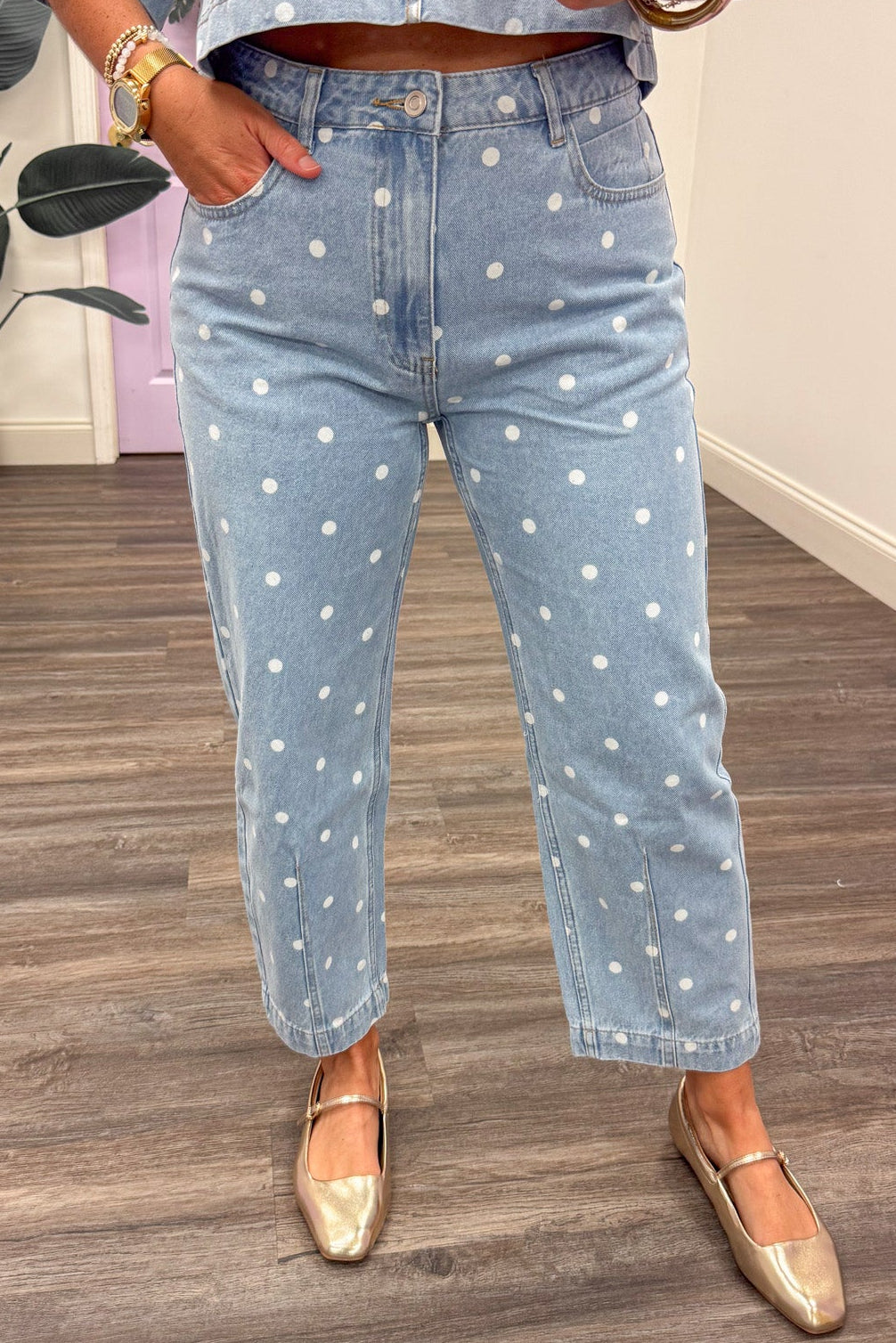 washed blue denim with white polka dot print button zipper fly cropped leg pant