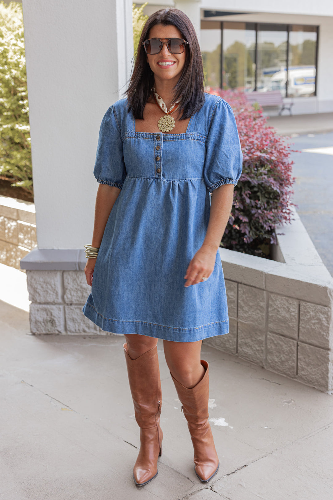 Women's denim puff sleeve dress with button front bodice by Wishlist