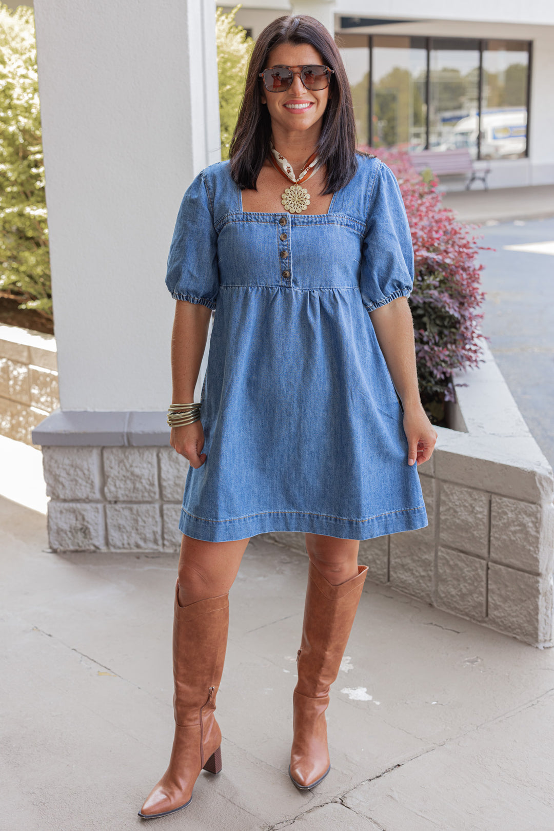 Women's denim puff sleeve dress with button front bodice by Wishlist showing full front view