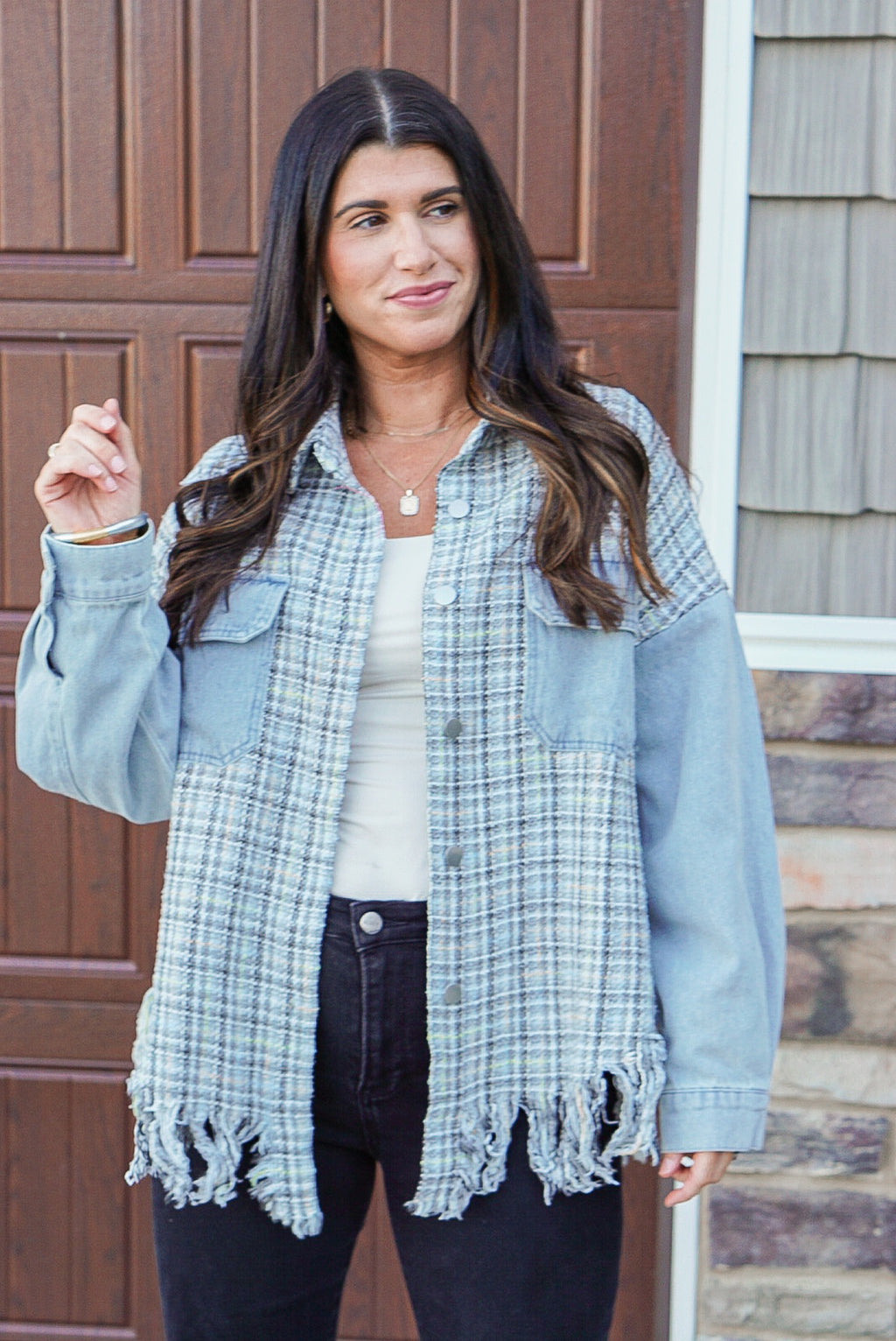 denim tweed plaid shacket