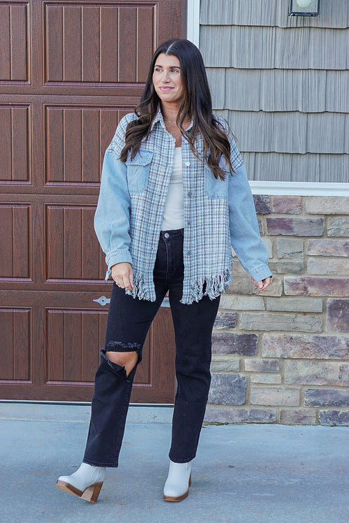 denim tweed plaid shacket