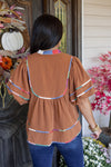 brown colorful trim babydoll top