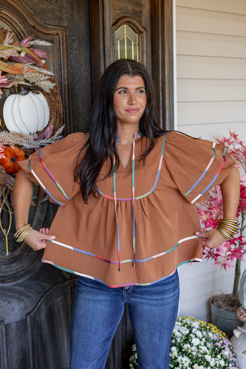 brown colorful trim babydoll top