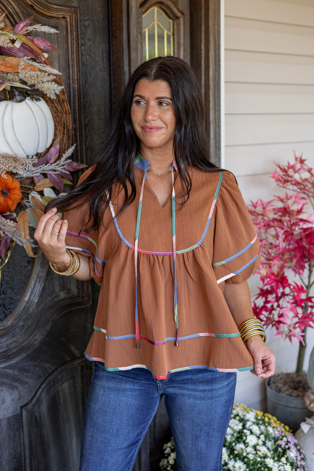 brown colorful trim babydoll top