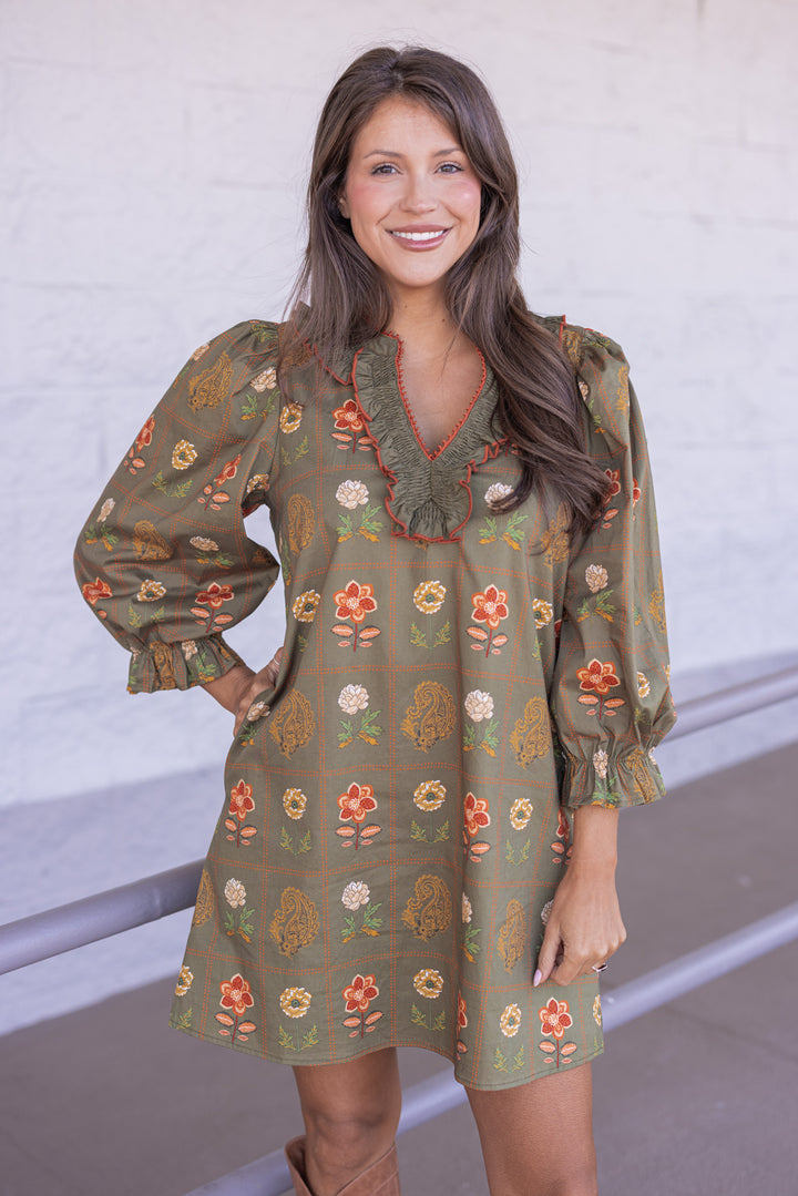 Women's olive dress with floral border print in orange and peach by Entro