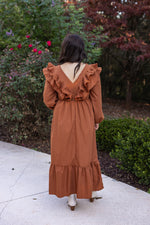 entro brown ruffle vneck midi dress