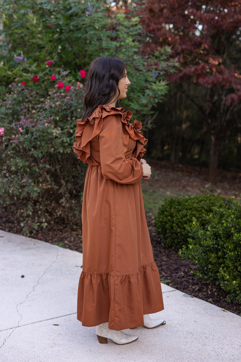 entro brown ruffle vneck midi dress