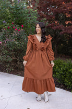 entro brown ruffle vneck midi dress