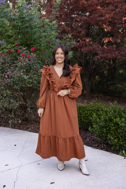 entro brown ruffle vneck midi dress