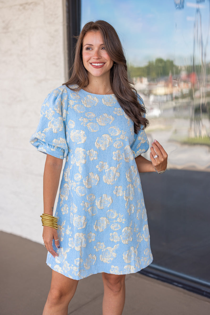 blue gold metallic dressy shift dress